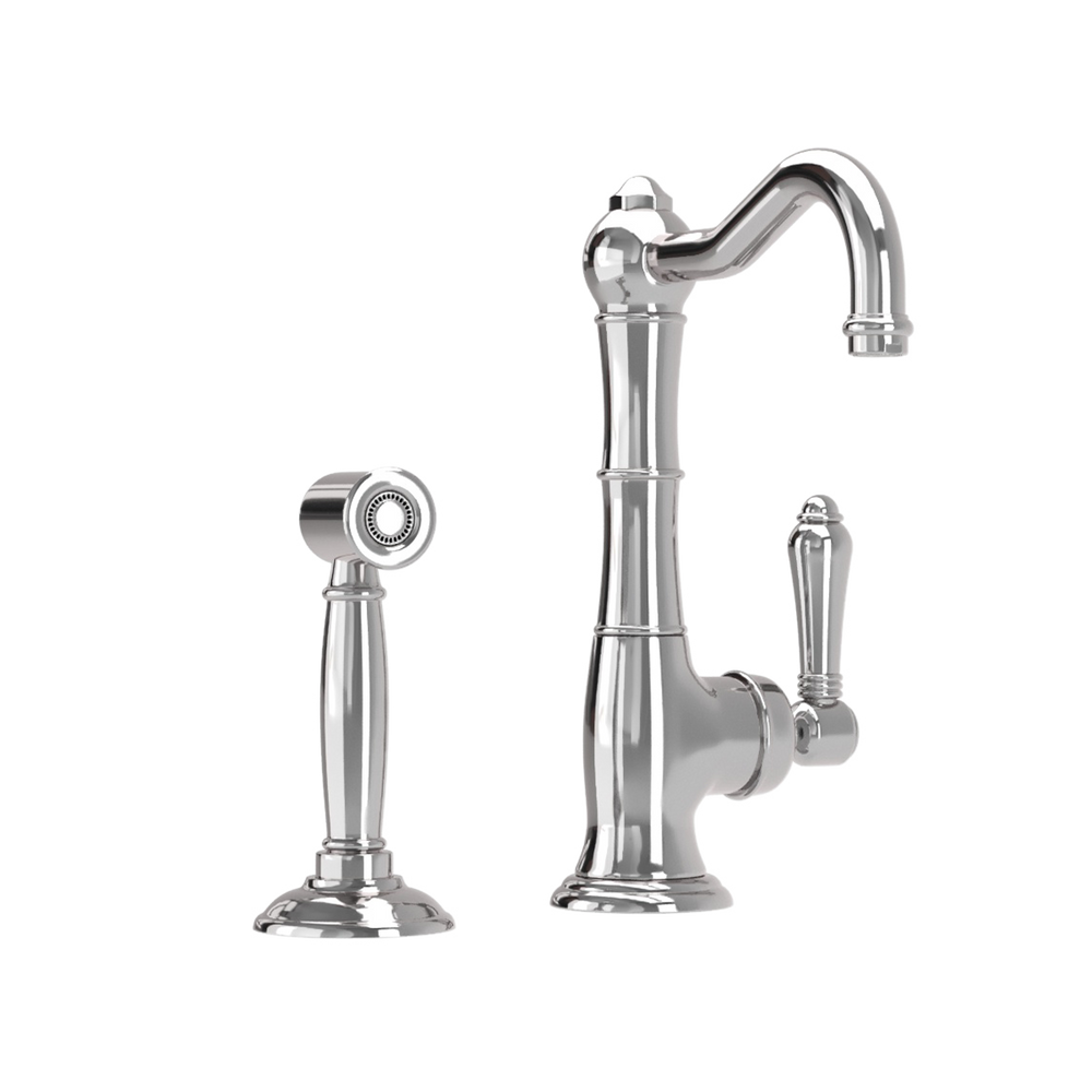 Chrome kitchen faucet set with spray head on a white background